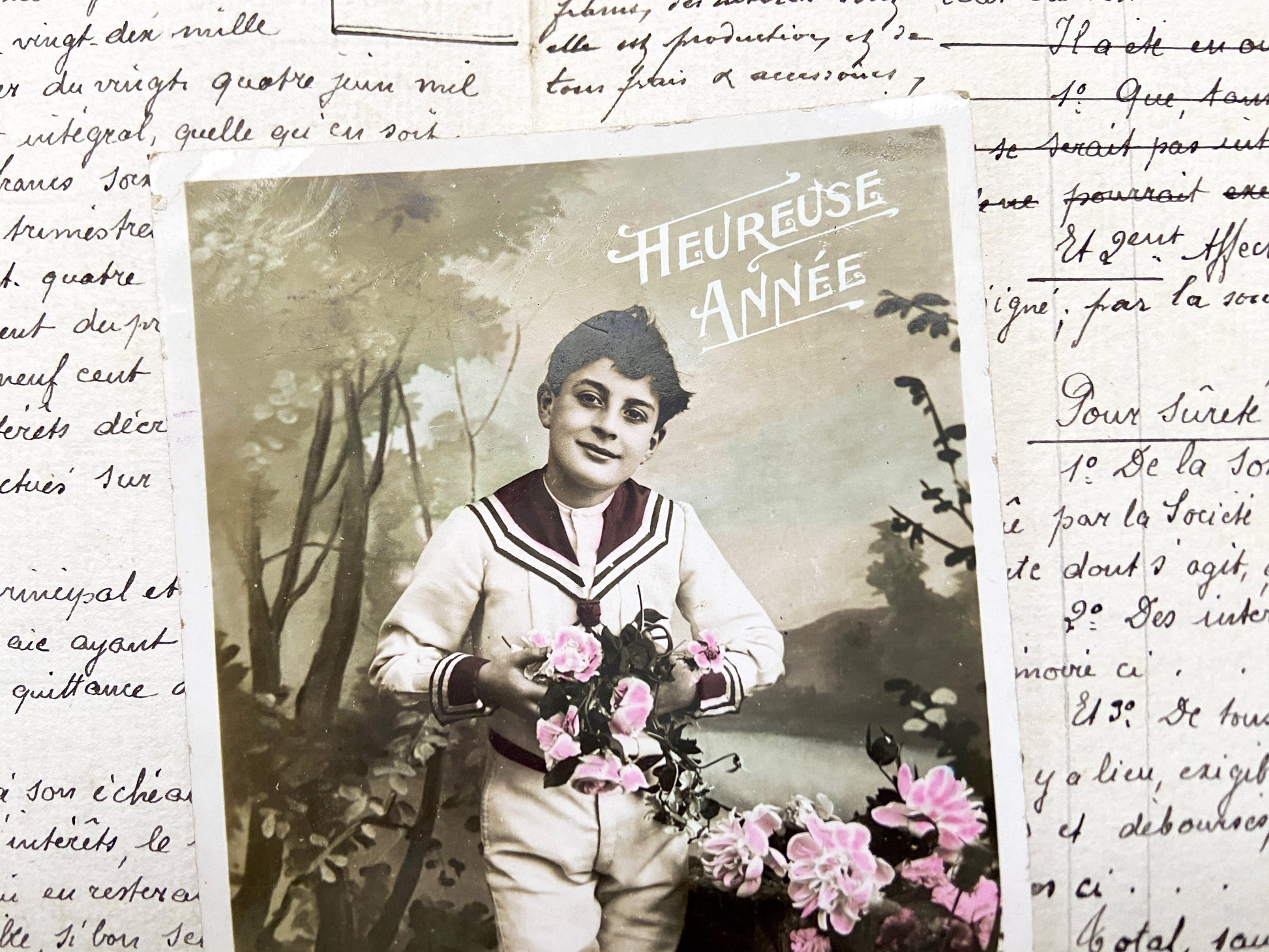 1900s - Antique French Boy Sailor Suit Postcard - Hand-Tinted Flowers Portrait - Edwardian Era Children Collectible - J.C. Paris