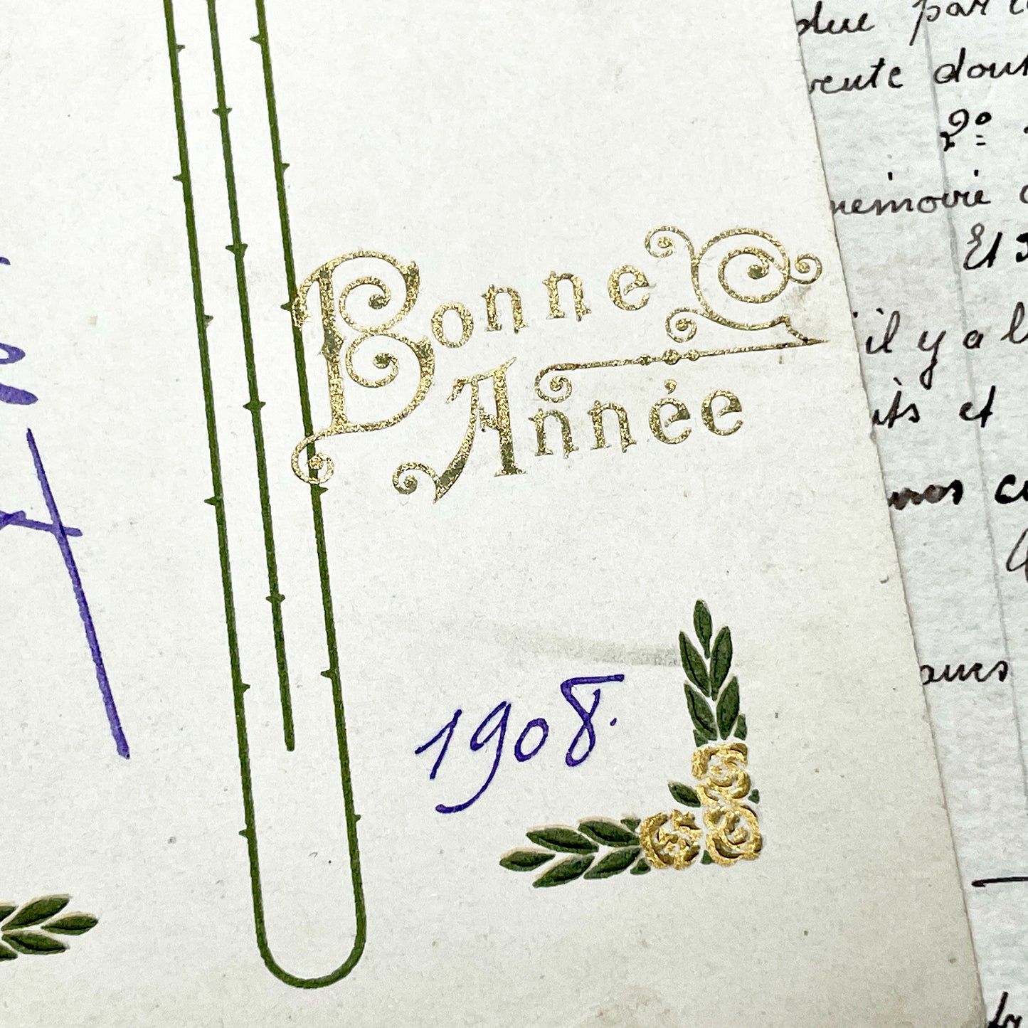 1900s - Vintage French New Year Greeting Card - Antique Winter Cottage Scene - Gilded Embossed Oval Chromolithograph Art