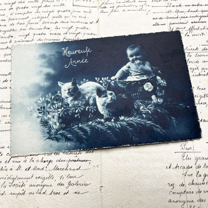 1920s - Antique Cyanotype Print - Happy New Year Greeting Card - Baby Kitten Cats Motif - Unique Ephemera Art