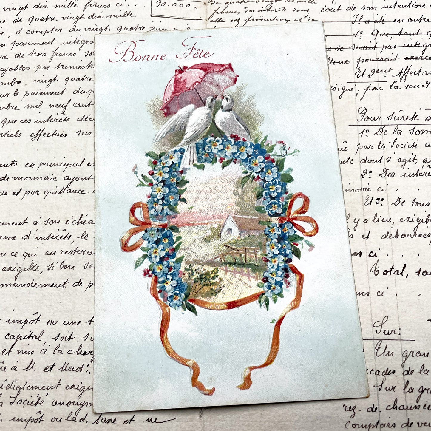 1900s - Vintage French Bonne Fete Postcard - Doves Under Umbrella - Floral Wreath - Forget-Me-Nots - Cottage Scene - Antique Greeting Card