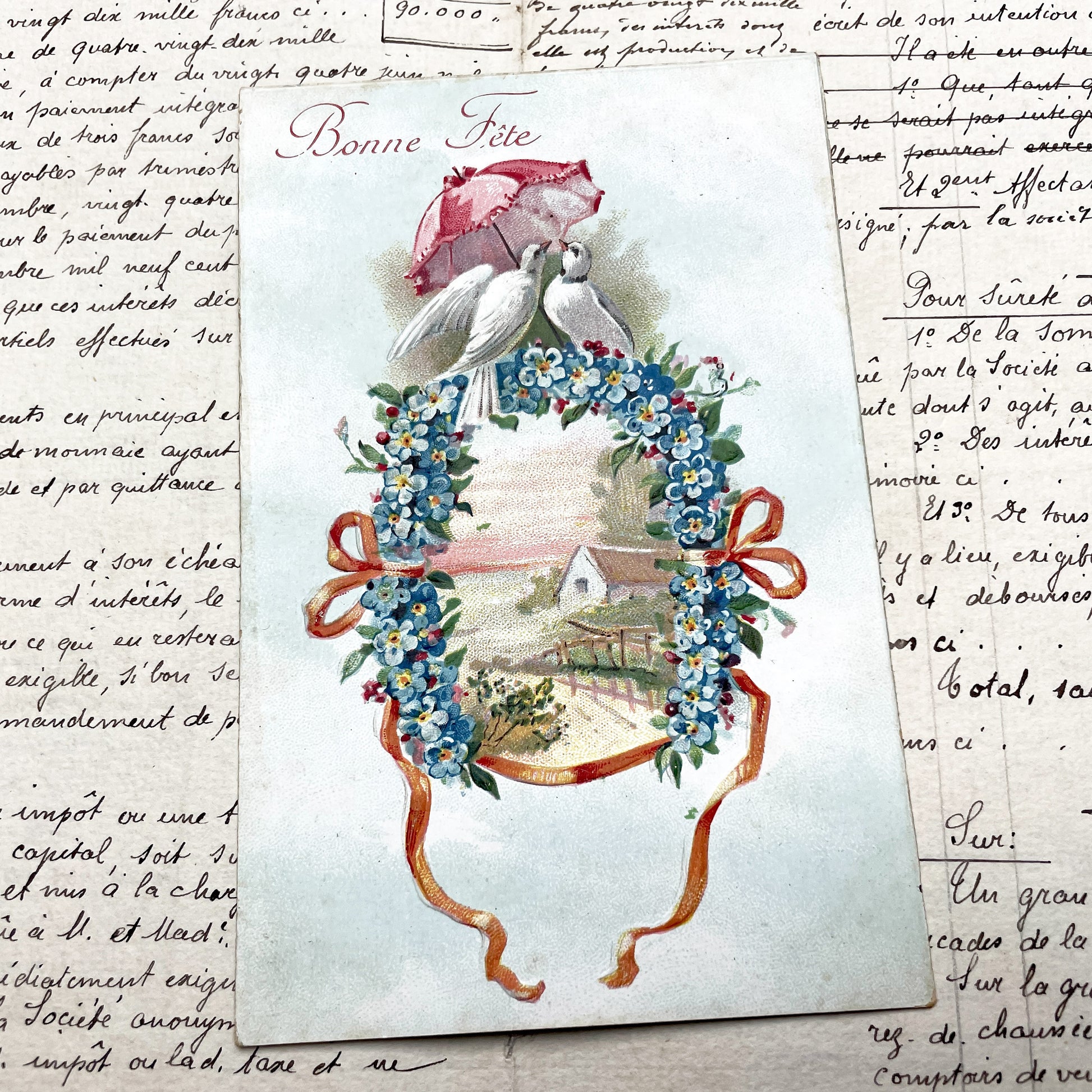 1900s - Vintage French Bonne Fete Postcard - Doves Under Umbrella - Floral Wreath - Forget-Me-Nots - Cottage Scene - Antique Greeting Card