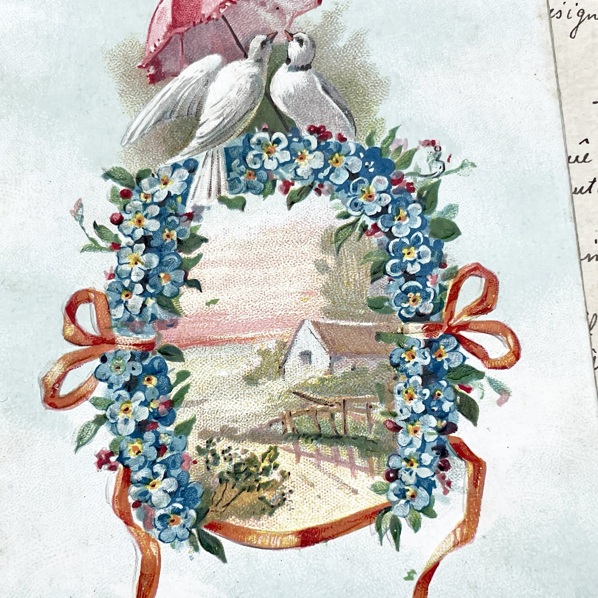 1900s - Vintage French Bonne Fete Postcard - Doves Under Umbrella - Floral Wreath - Forget-Me-Nots - Cottage Scene - Antique Greeting Card