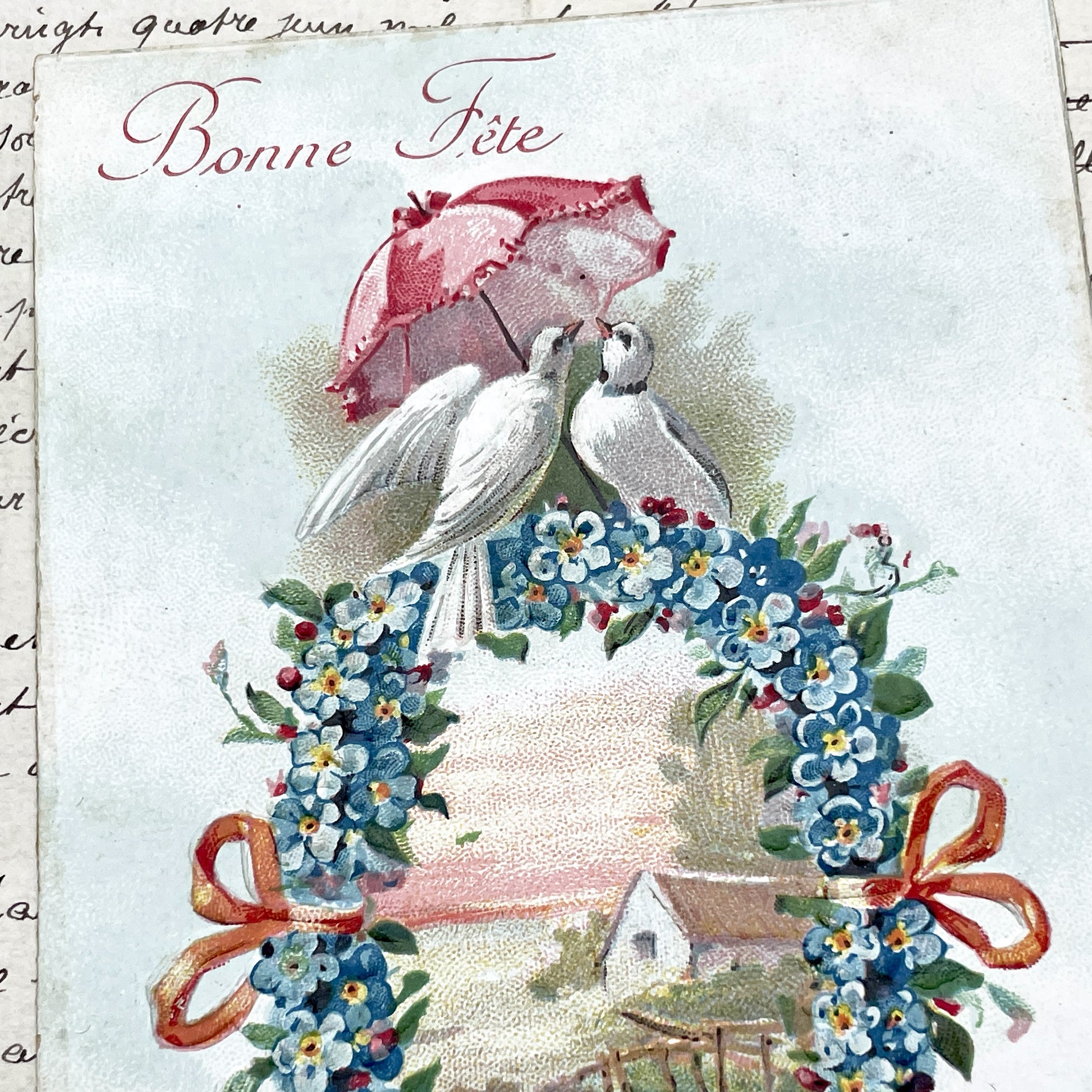 1900s - Vintage French Bonne Fete Postcard - Doves Under Umbrella - Floral Wreath - Forget-Me-Nots - Cottage Scene - Antique Greeting Card