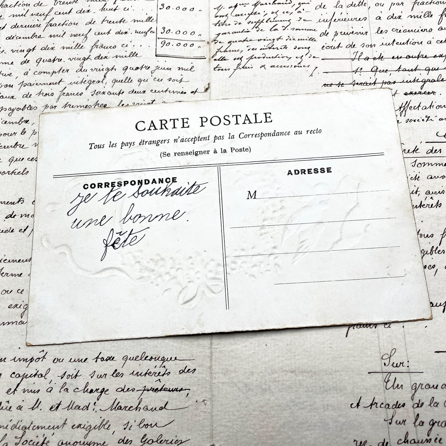 1900s - Vintage French Bonne Fete Postcard - Doves Under Umbrella - Floral Wreath - Forget-Me-Nots - Cottage Scene - Antique Greeting Card