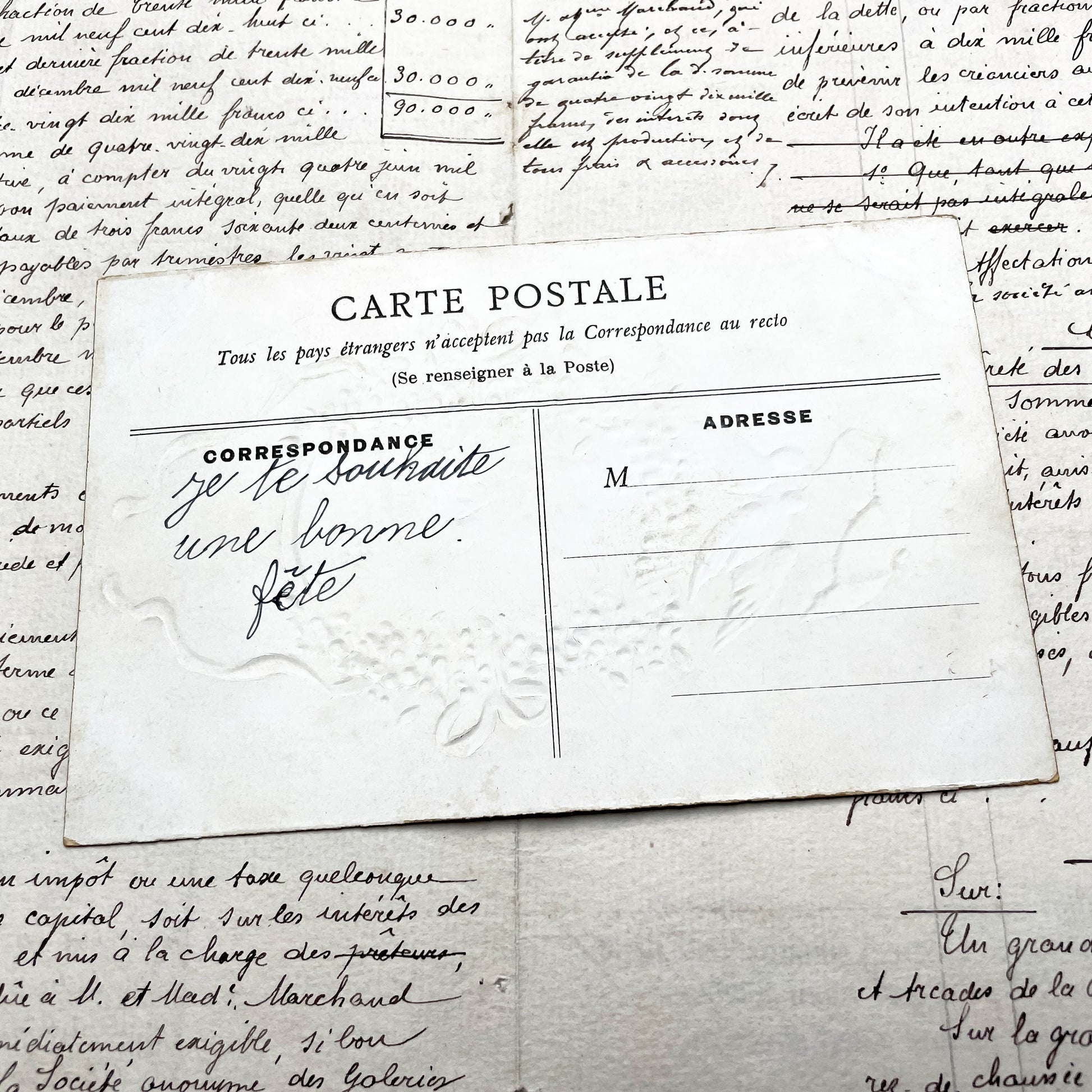 1900s - Vintage French Bonne Fete Postcard - Doves Under Umbrella - Floral Wreath - Forget-Me-Nots - Cottage Scene - Antique Greeting Card