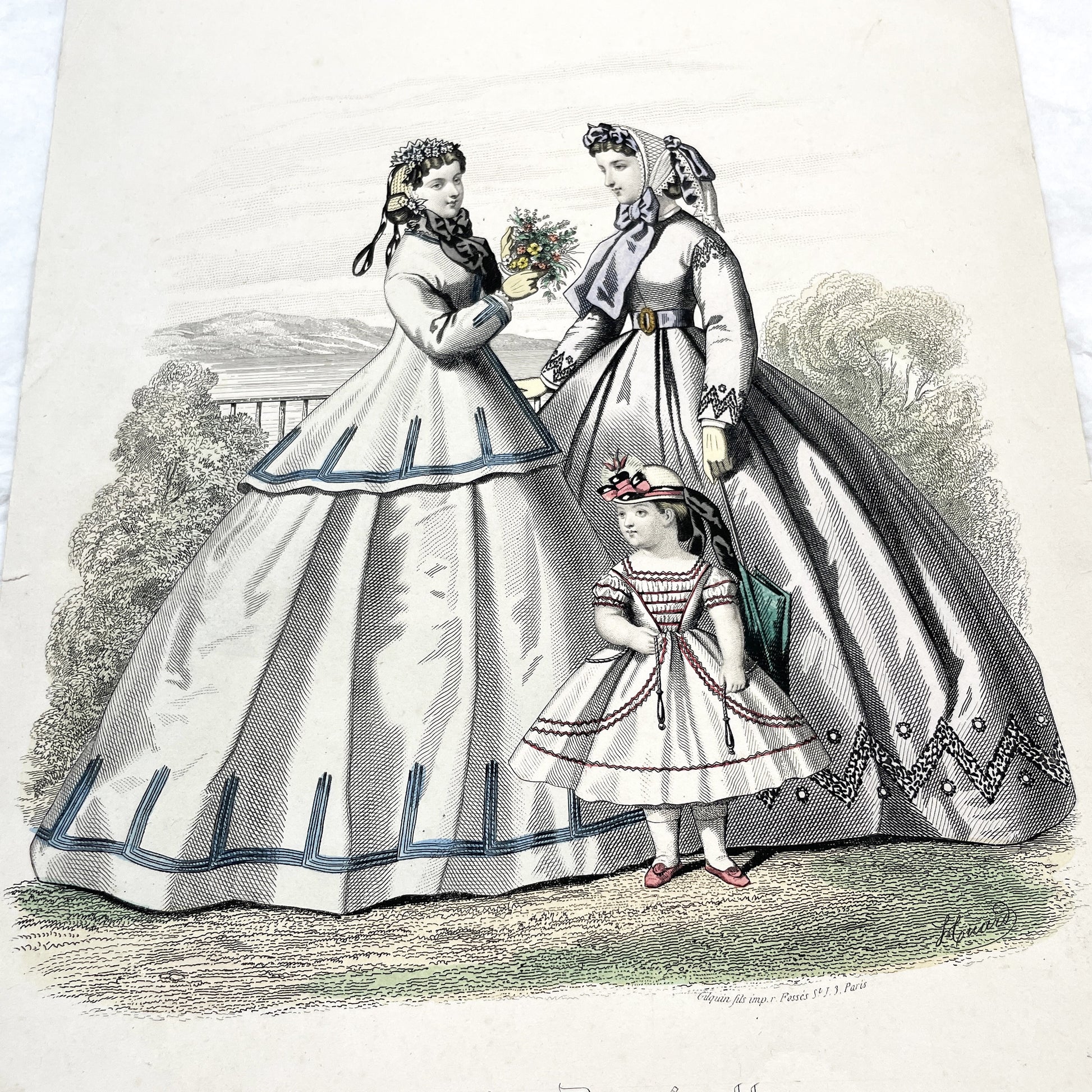 1860s - Antique French Fashion Plate - Journal des Demoiselles - Original 1865 Victorian Hand-Colored Crinoline Engraving Print