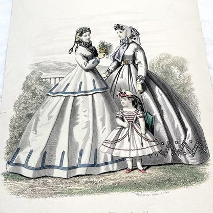 1860s - Antique French Fashion Plate - Journal des Demoiselles - Original 1865 Victorian Hand-Colored Crinoline Engraving Print
