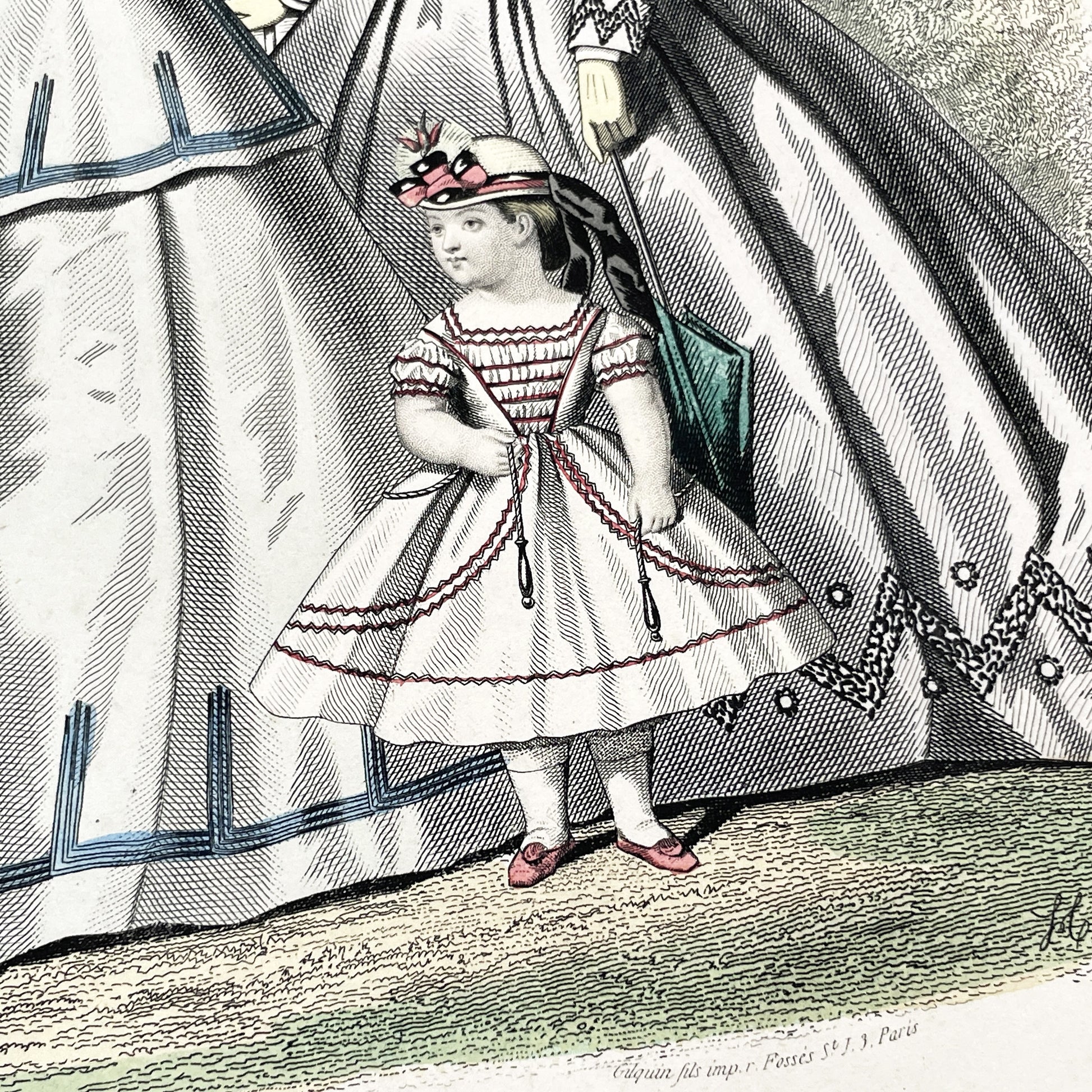 1860s - Antique French Fashion Plate - Journal des Demoiselles - Original 1865 Victorian Hand-Colored Crinoline Engraving Print