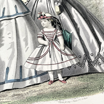 1860s - Antique French Fashion Plate - Journal des Demoiselles - Original 1865 Victorian Hand-Colored Crinoline Engraving Print