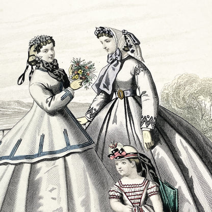1860s - Antique French Fashion Plate - Journal des Demoiselles - Original 1865 Victorian Hand-Colored Crinoline Engraving Print