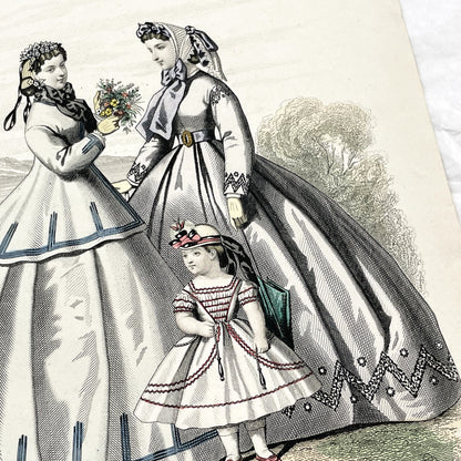 1860s - Antique French Fashion Plate - Journal des Demoiselles - Original 1865 Victorian Hand-Colored Crinoline Engraving Print