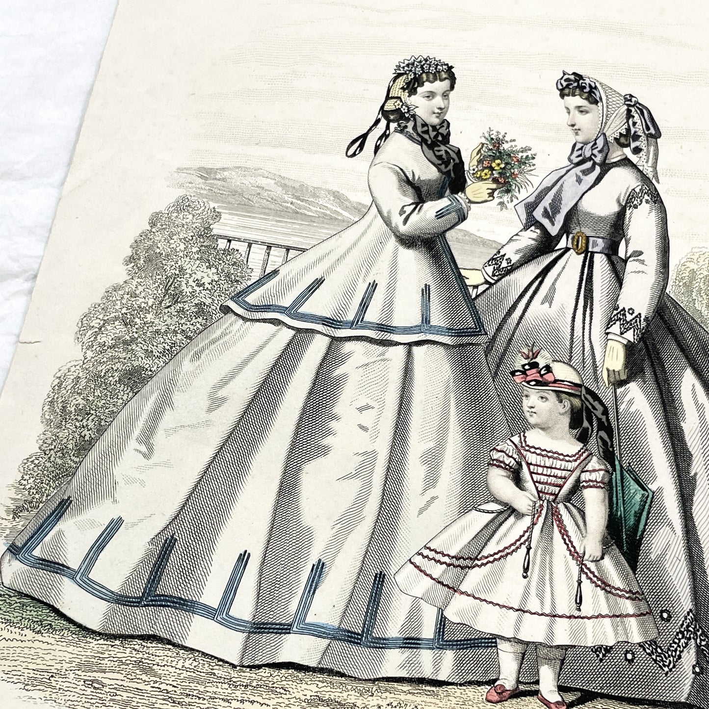 1860s - Antique French Fashion Plate - Journal des Demoiselles - Original 1865 Victorian Hand-Colored Crinoline Engraving Print