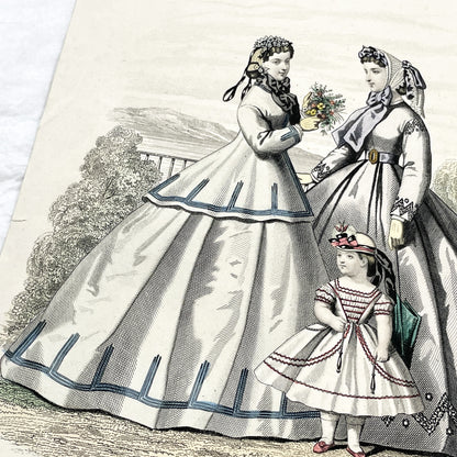 1860s - Antique French Fashion Plate - Journal des Demoiselles - Original 1865 Victorian Hand-Colored Crinoline Engraving Print