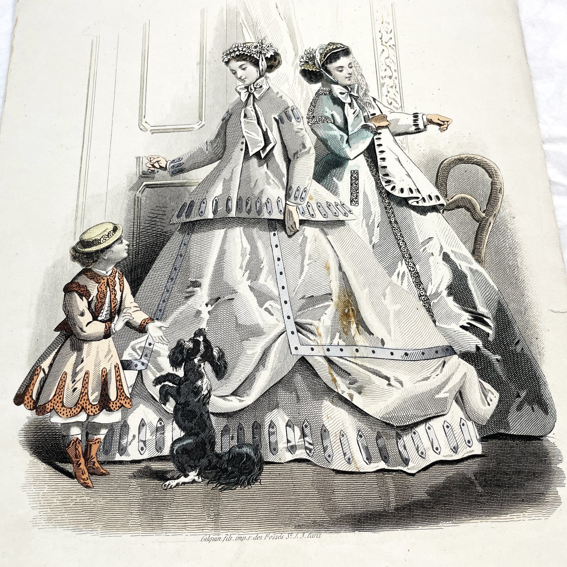 1860s - Exquisite Original French Fashion Plate - Journal des Demoiselles - Elegant Crinoline Gowns from Paris, June 1866