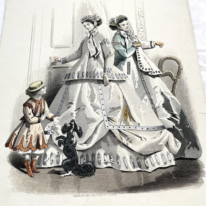 1860s - Exquisite Original French Fashion Plate - Journal des Demoiselles - Elegant Crinoline Gowns from Paris, June 1866