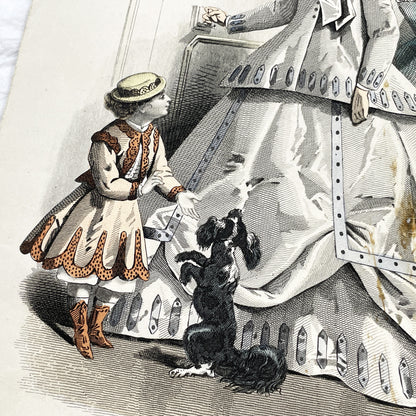 1860s - Exquisite Original French Fashion Plate - Journal des Demoiselles - Elegant Crinoline Gowns from Paris, June 1866
