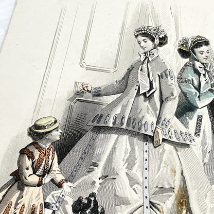 1860s - Exquisite Original French Fashion Plate - Journal des Demoiselles - Elegant Crinoline Gowns from Paris, June 1866
