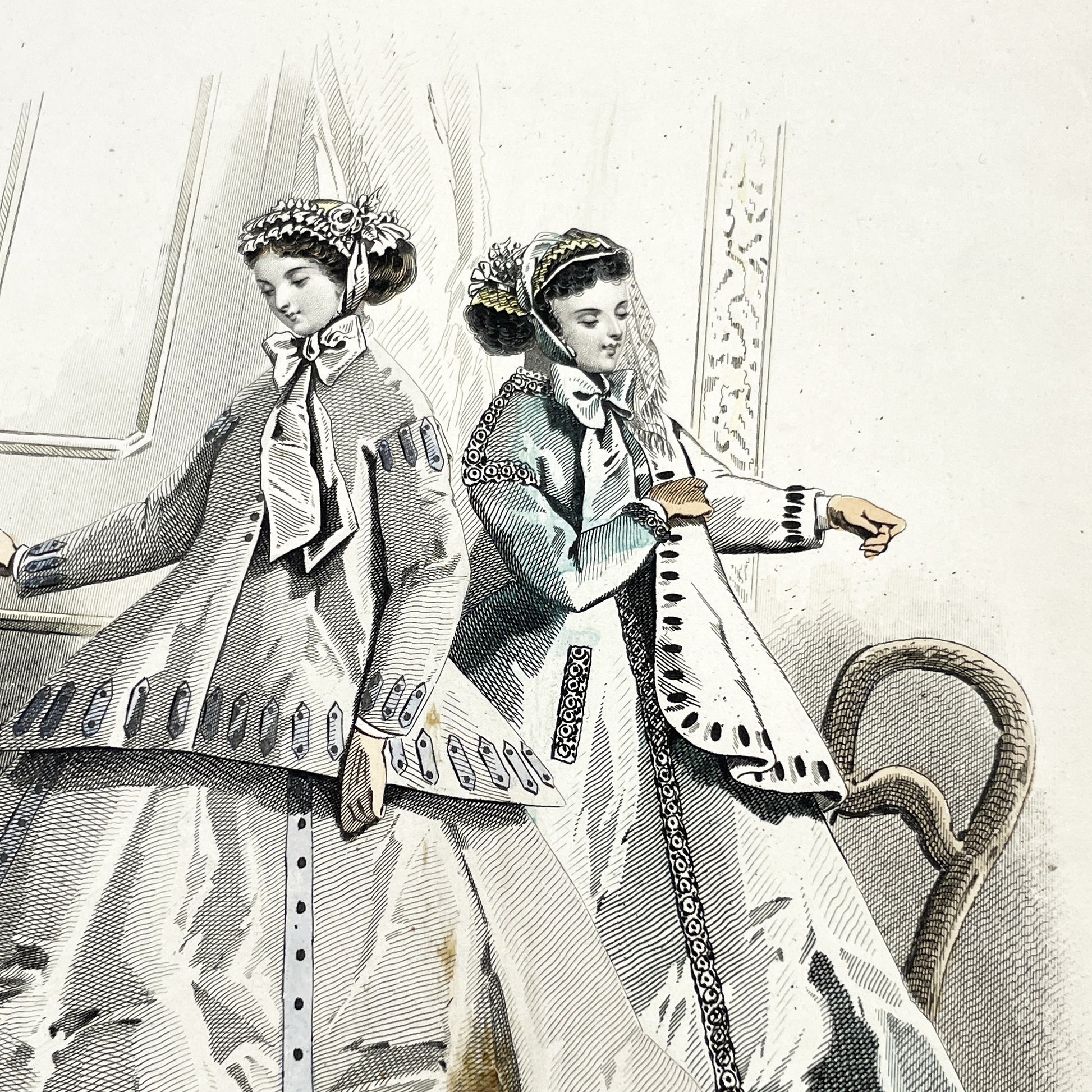 1860s - Exquisite Original French Fashion Plate - Journal des Demoiselles - Elegant Crinoline Gowns from Paris, June 1866