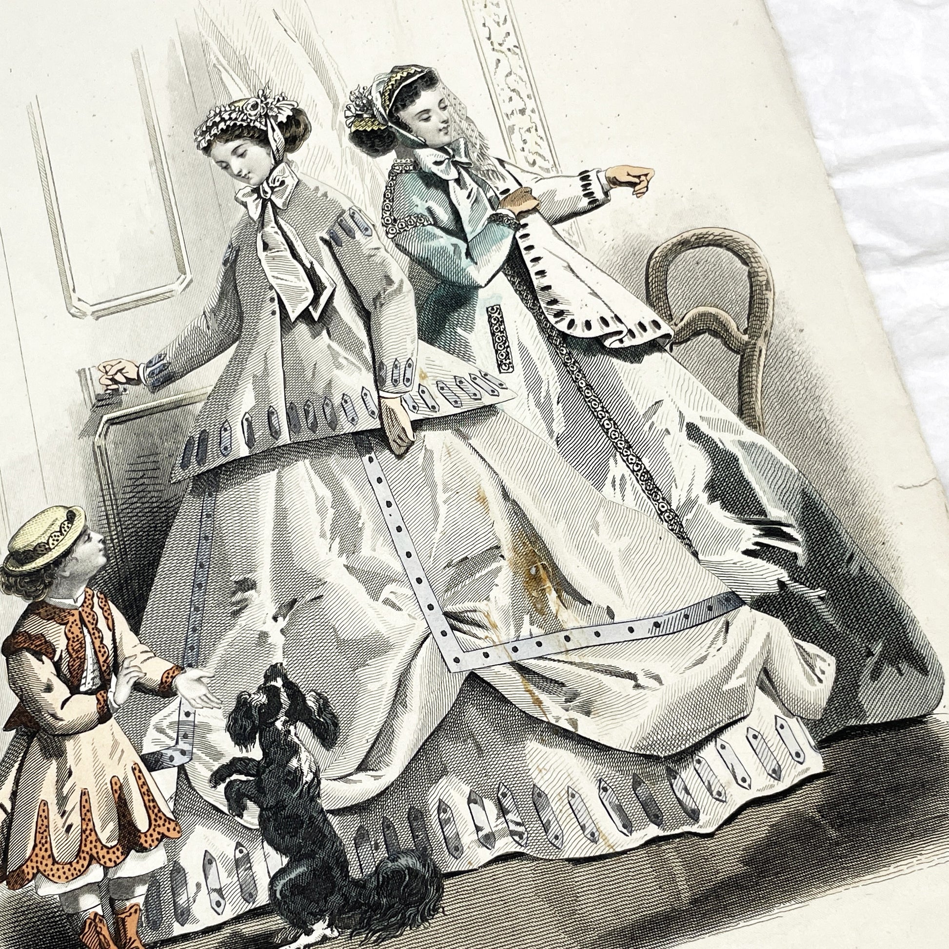 1860s - Exquisite Original French Fashion Plate - Journal des Demoiselles - Elegant Crinoline Gowns from Paris, June 1866