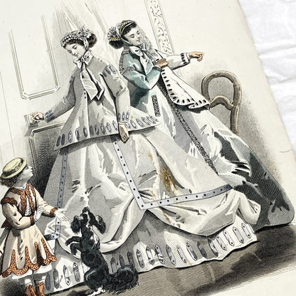 1860s - Exquisite Original French Fashion Plate - Journal des Demoiselles - Elegant Crinoline Gowns from Paris, June 1866