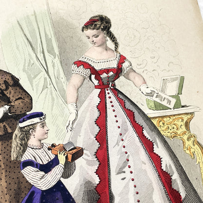 1860s - Exquisite Original French Fashion Plate - Journal des Demoiselles - Victorian Era Womens and Childrens