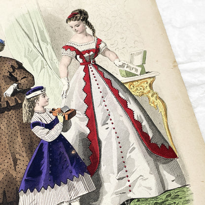 1860s - Exquisite Original French Fashion Plate - Journal des Demoiselles - Victorian Era Womens and Childrens