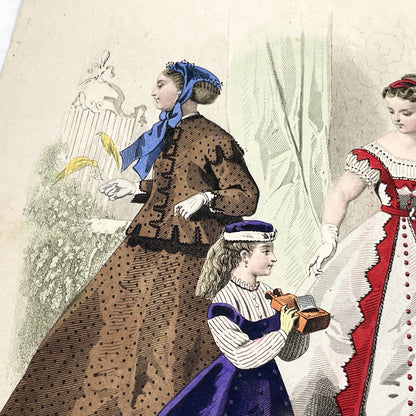 1860s - Exquisite Original French Fashion Plate - Journal des Demoiselles - Victorian Era Womens and Childrens