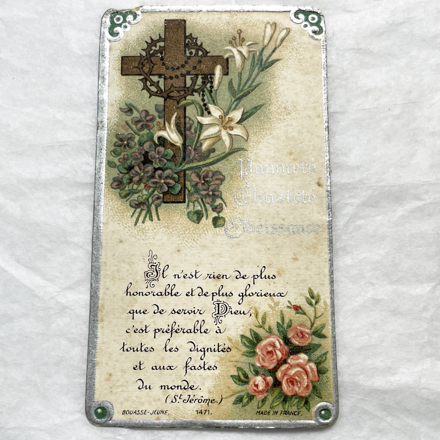 1920s - 2 Antique French Catholic Holy Cards - Saint Joseph and Cross with Lilies - Vintage Religious Art and Prayer Keepsake