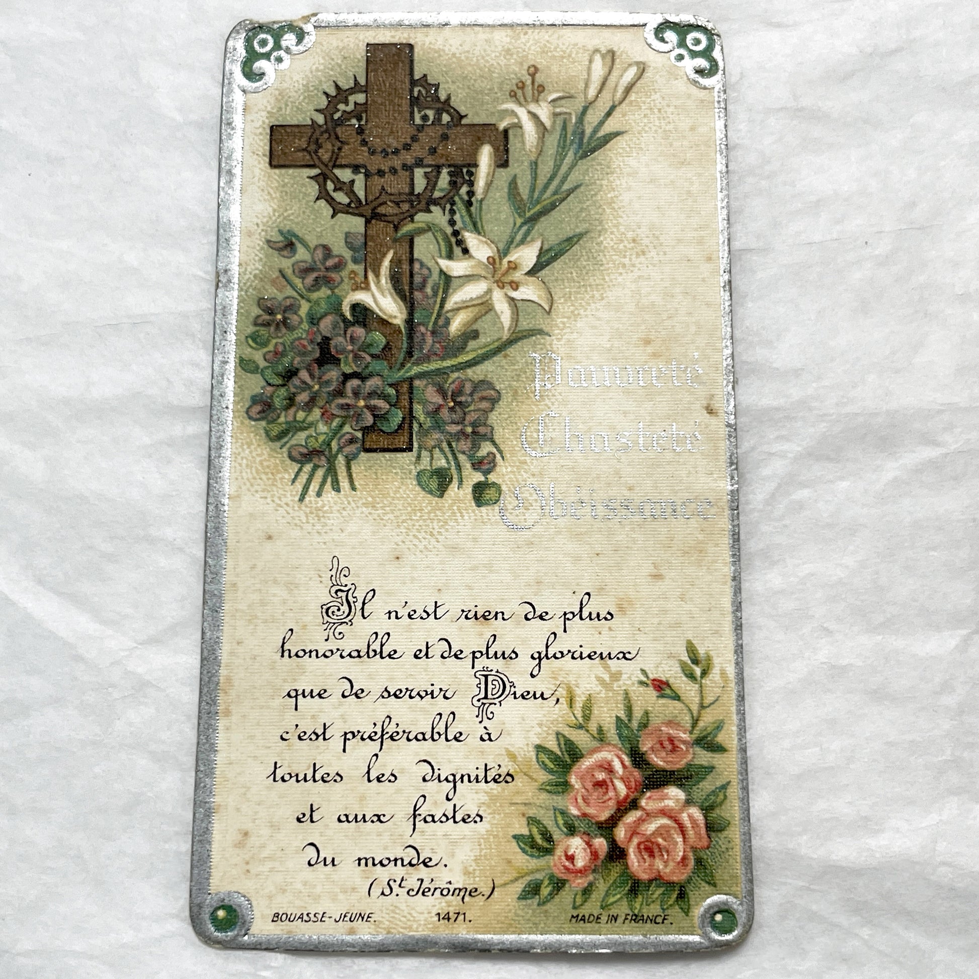 1920s - 2 Antique French Catholic Holy Cards - Saint Joseph and Cross with Lilies - Vintage Religious Art and Prayer Keepsake