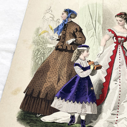 1860s - Exquisite Original French Fashion Plate - Journal des Demoiselles - Victorian Era Womens and Childrens