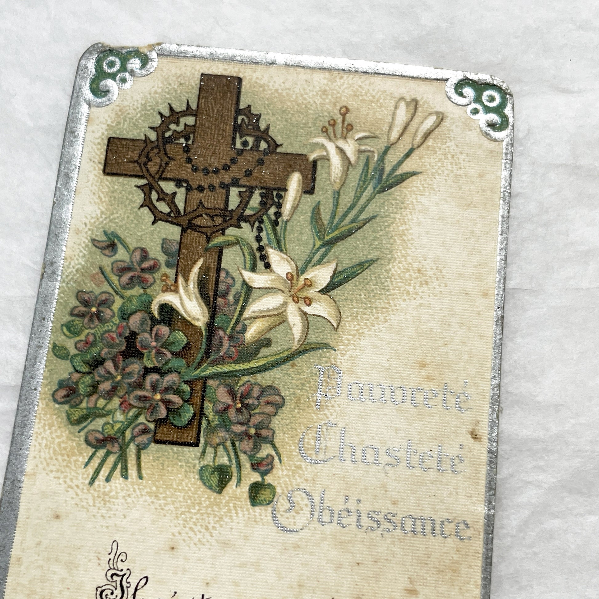 1920s - 2 Antique French Catholic Holy Cards - Saint Joseph and Cross with Lilies - Vintage Religious Art and Prayer Keepsake