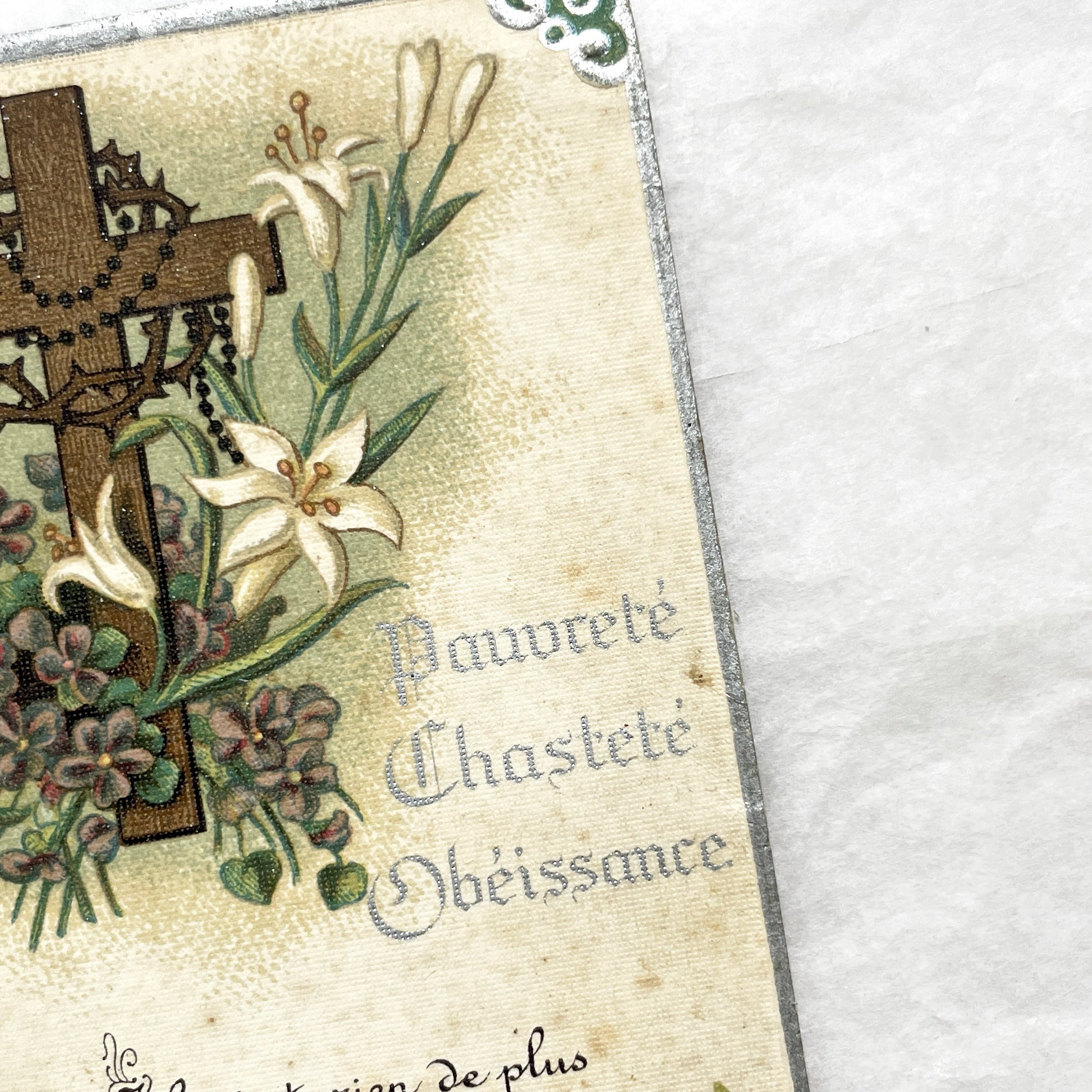 1920s - 2 Antique French Catholic Holy Cards - Saint Joseph and Cross with Lilies - Vintage Religious Art and Prayer Keepsake