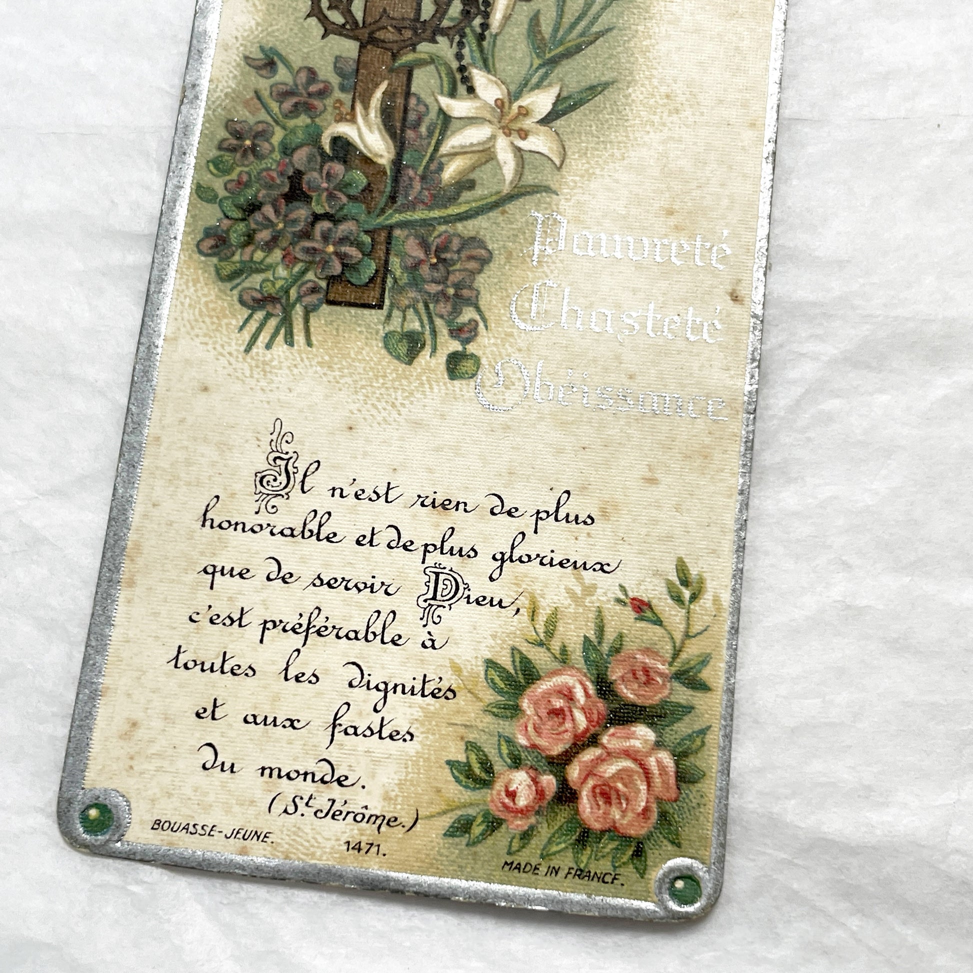 1920s - 2 Antique French Catholic Holy Cards - Saint Joseph and Cross with Lilies - Vintage Religious Art and Prayer Keepsake