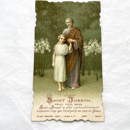 1920s - 2 Antique French Catholic Holy Cards - Saint Joseph and Cross with Lilies - Vintage Religious Art and Prayer Keepsake