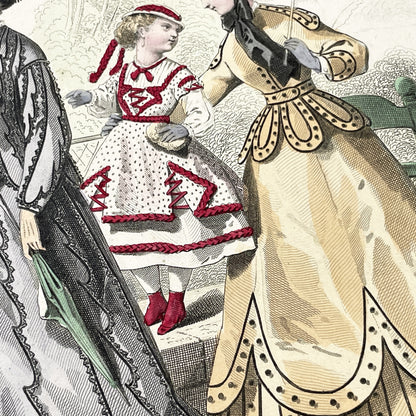 1860s - Original 1867 French Journal des Demoiselles Fashion Plate - Hand-Colored Antique Print - Victorian Era Style Illustration