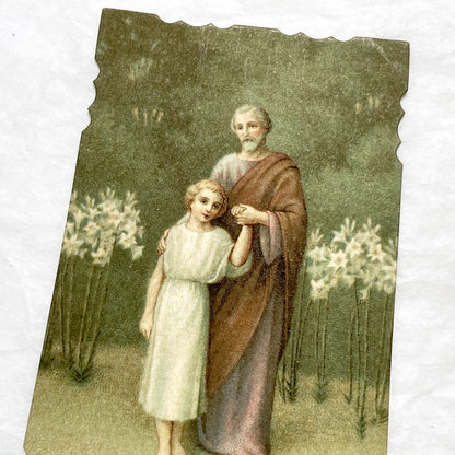 1920s - 2 Antique French Catholic Holy Cards - Saint Joseph and Cross with Lilies - Vintage Religious Art and Prayer Keepsake