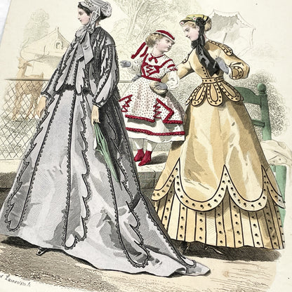 1860s - Original 1867 French Journal des Demoiselles Fashion Plate - Hand-Colored Antique Print - Victorian Era Style Illustration