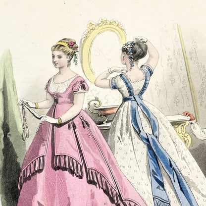 1860s - Original Hand-Colored French Fashion Plate - Journal des Demoiselles - Elegant Victorian Era Women's Attire Print - February 1868