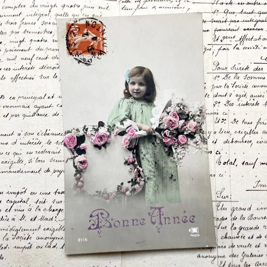 1910s - Antique French Postcard - Young Girl Hand-Colored Photo - Floral Wreath - Happy New Year Message - Vintage Ephemera Collectible