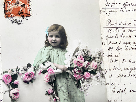 1910s - Antique French Postcard - Young Girl Hand-Colored Photo - Floral Wreath - Happy New Year Message - Vintage Ephemera Collectible