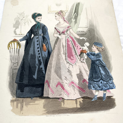 1860s - Antique French Hand-Colored Fashion Plate - Journal des Demoiselles - Victorian Dress Print - 1868 Paris Art