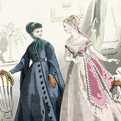 1860s - Antique French Hand-Colored Fashion Plate - Journal des Demoiselles - Victorian Dress Print - 1868 Paris Art