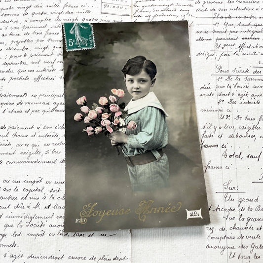 1910s - French Hand Colored Postcard - Young Boy Holding Pink Roses - New Year's Greeting - Vintage Child Portrait - Antique French Card