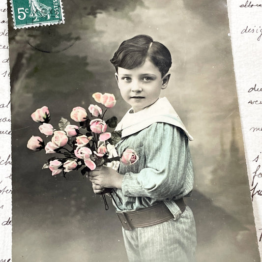 1910s - French Hand Colored Postcard - Young Boy Holding Pink Roses - New Year's Greeting - Vintage Child Portrait - Antique French Card