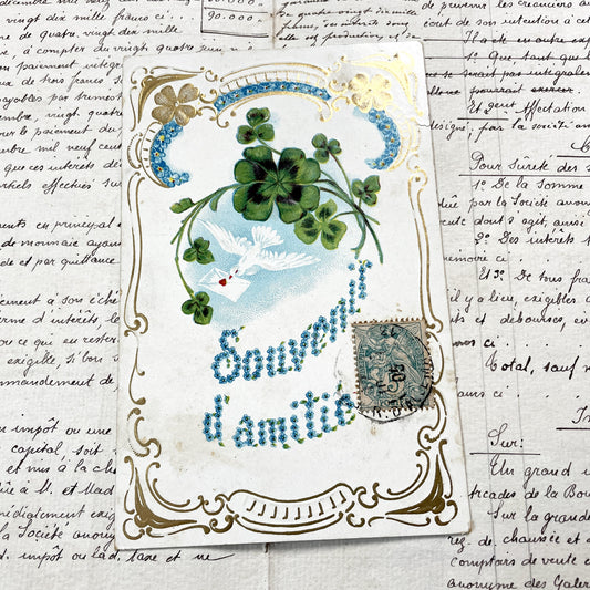 1900s - French Postcard - Elegant Friendship Theme - Four-Leaf Clovers - White Dove - Forget-Me-Nots - Ornate Gold Accents