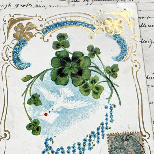 1900s - French Postcard - Elegant Friendship Theme - Four-Leaf Clovers - White Dove - Forget-Me-Nots - Ornate Gold Accents