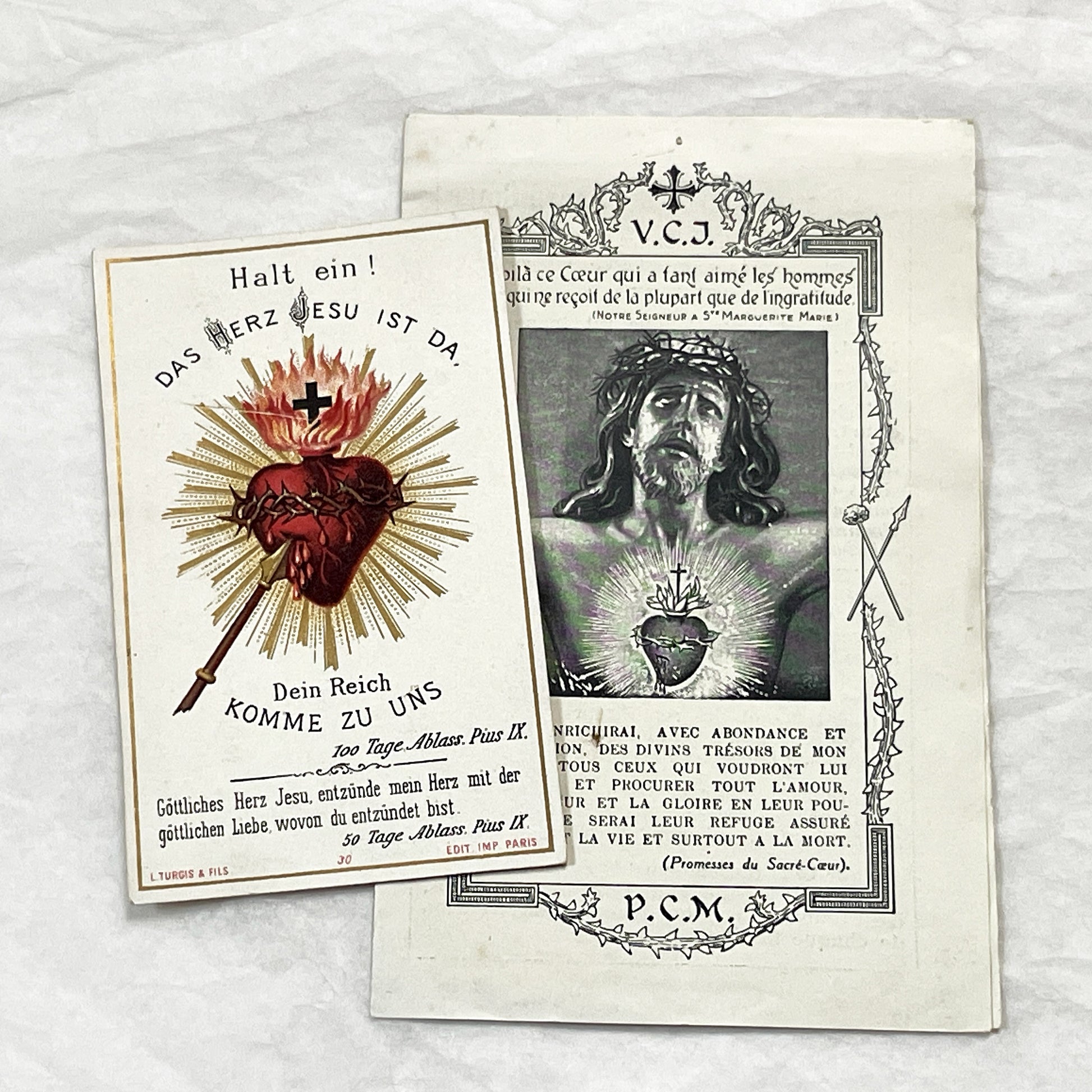 1940s - Vintage Catholic Sacred Heart Prayer Cards - Religious Ephemera Collectible Holy Cards - French and German Devotional Art