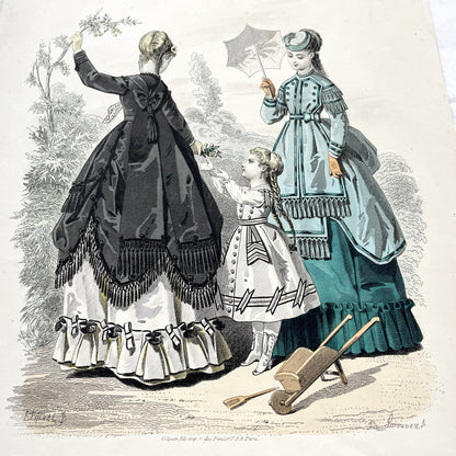 1860s - Original Antique French Fashion Plate from Journal des Demoiselles - Elegant 1868 Victorian Costume Engraving - Parisian Boutique