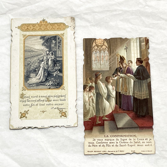 1930s - 2 Vintage French Catholic Holy Cards - Confirmation Souvenir Leaflet - Religious Ephemera Art - Devotional Collectible