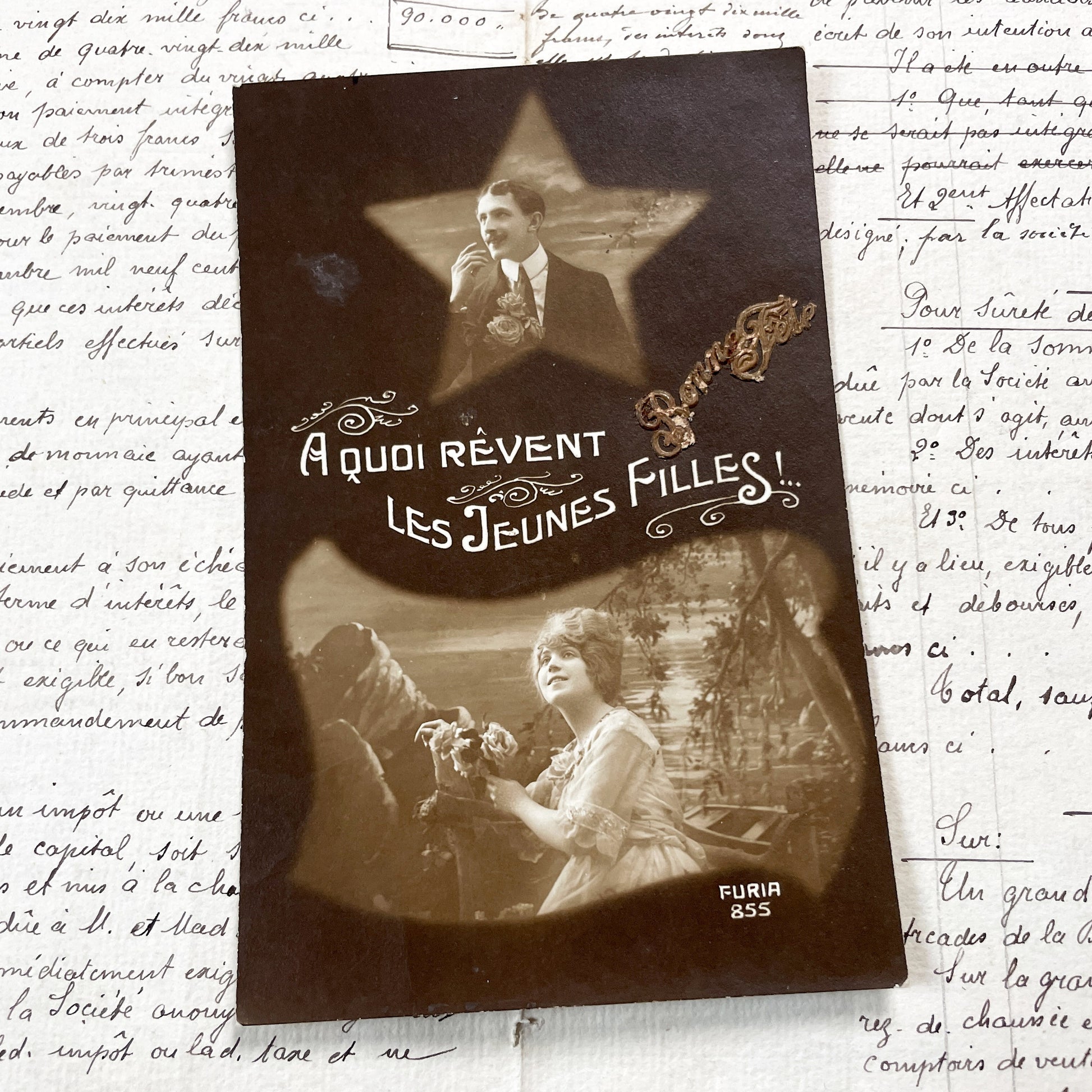 1910s - Dreamy French Postcard - What Young Girls Dream Of - Romantic Sepia Couple - Furia 855 Vintage Ephemera